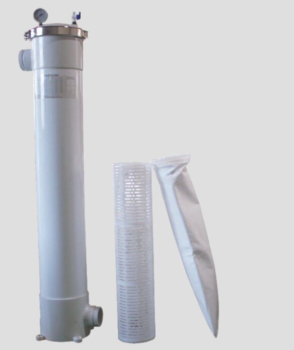 FRP bag filter housing with support basket and filter bag