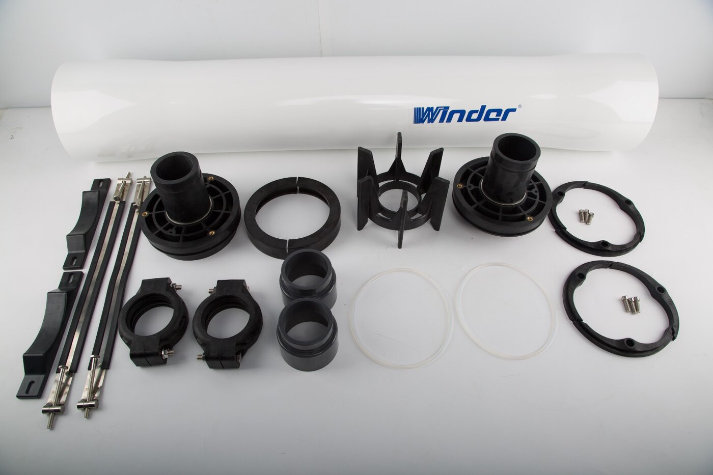 White FRP cartridge filter housing with open fiberglass-wound end