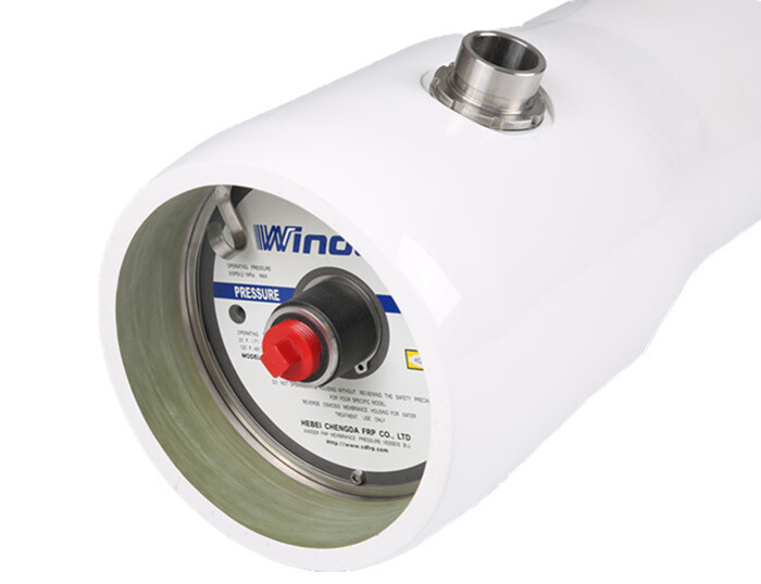 White FRP RO membrane housing end cap with pressure port and Winder branding